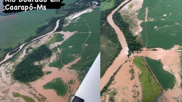 Cheia no Rio Dourados deixa estrada submersa e invade plantações