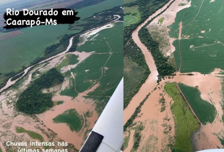 Cheia no Rio Dourados deixa estrada submersa e invade plantações